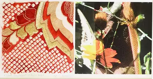 2021_oeuvres_projection_textile_kimono_soie_fil_or_photographie_Japon_fleur_diptyque